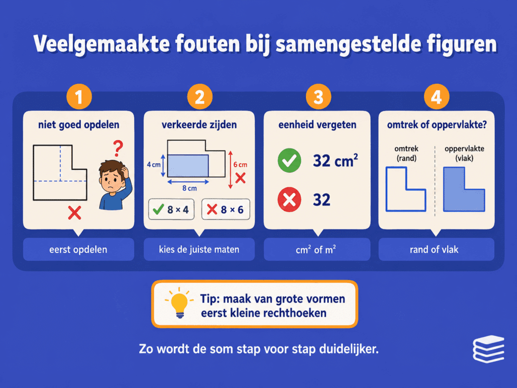 Educatieve infographic over veelgemaakte fouten bij samengestelde figuren. De afbeelding laat zien dat kinderen de figuur eerst goed moeten opdelen, de juiste maten moeten kiezen, de juiste oppervlakte eenheid moeten gebruiken en het verschil tussen omtrek en oppervlakte moeten herkennen.
