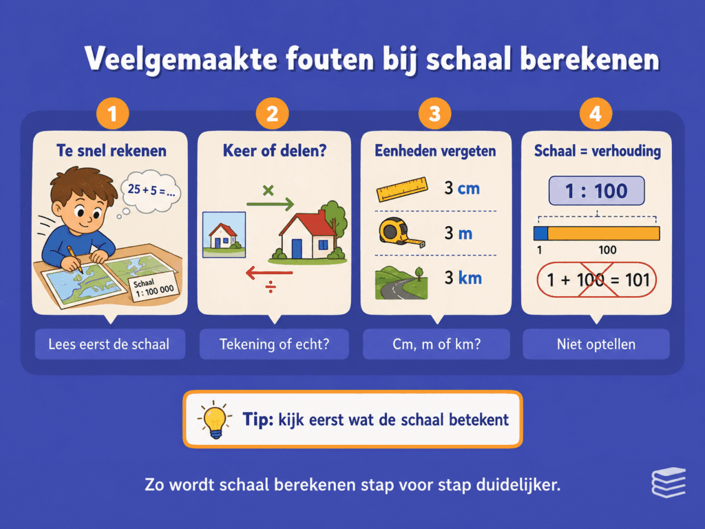 Educatieve infographic over veelgemaakte fouten bij schaal berekenen. De afbeelding laat zien dat kinderen soms te snel beginnen, twijfelen tussen vermenigvuldigen en delen, eenheden vergeten om te rekenen en schaal verkeerd lezen als een gewone som.