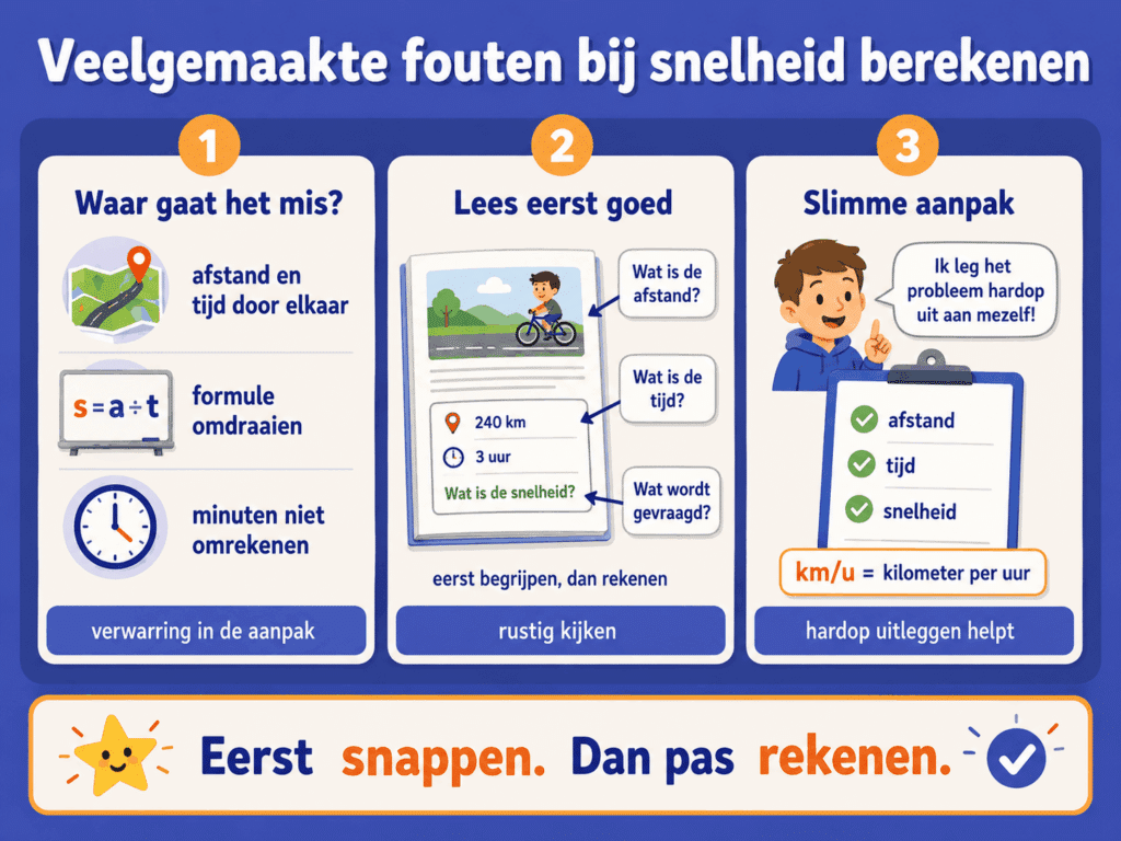 Infographic over veelgemaakte fouten bij snelheid berekenen, zoals afstand en tijd verwarren, minuten niet omrekenen en te snel rekenen zonder de vraag goed te lezen.