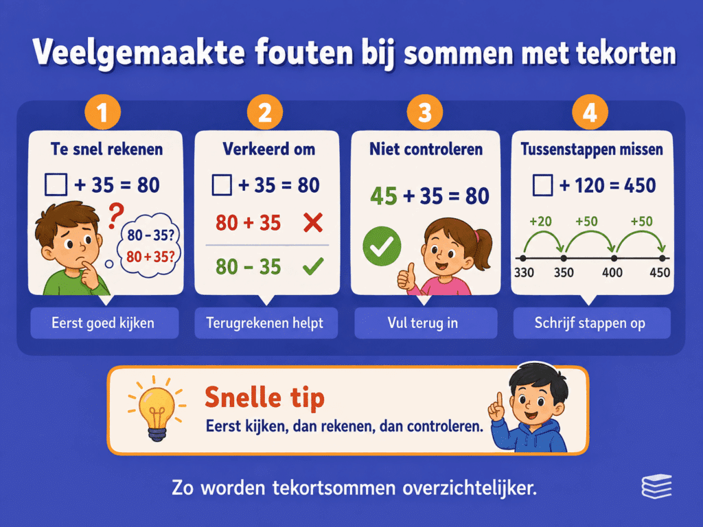 Educatieve infographic over veelgemaakte fouten bij sommen met tekorten, met voorbeelden van te snel rekenen, verkeerd terugrekenen, niet controleren en tussenstappen overslaan.