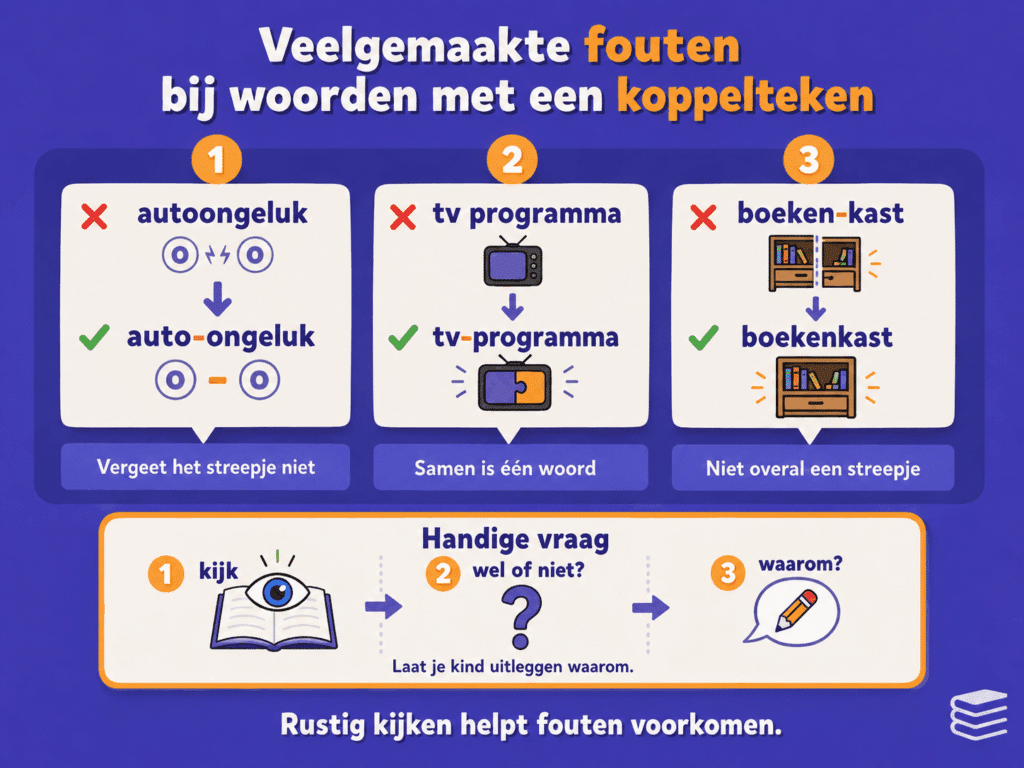 Educatieve infographic over veelgemaakte fouten bij woorden met een koppelteken. De afbeelding laat zien dat kinderen soms een koppelteken vergeten, woorden onterecht los schrijven of juist een koppelteken gebruiken waar dat niet nodig is.