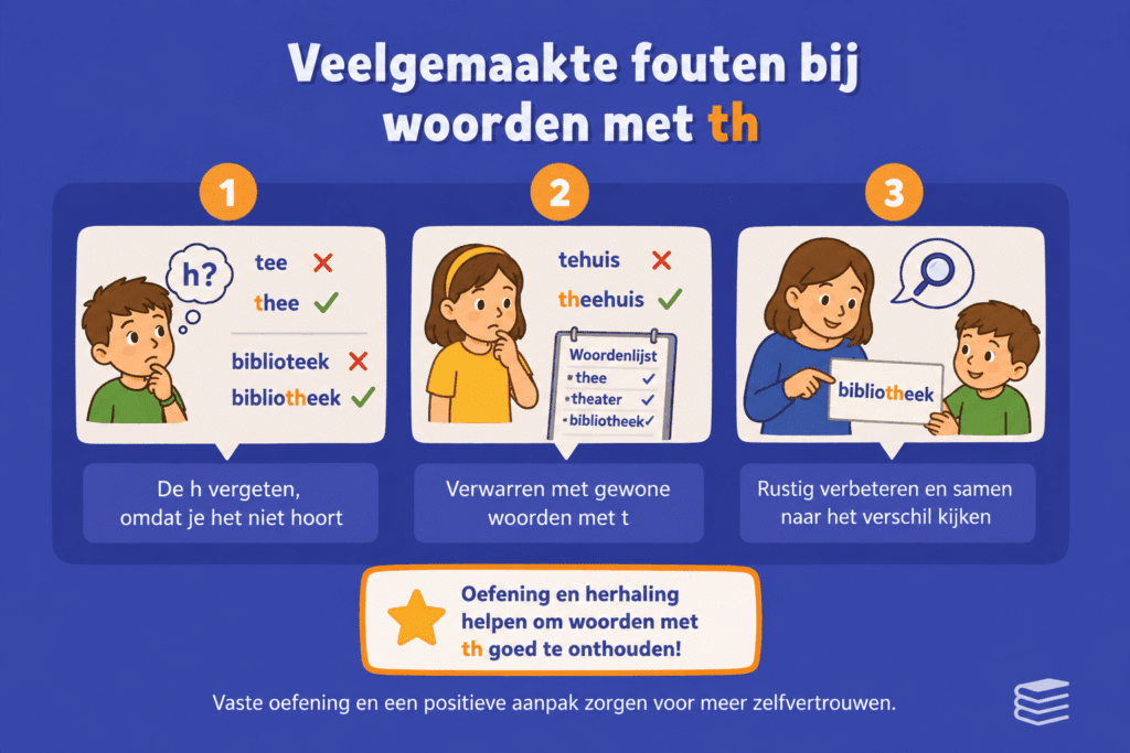 Educatieve infographic over veelgemaakte fouten bij woorden met th. De afbeelding laat zien dat kinderen vaak de h vergeten, woorden met th verwarren met gewone woorden met t en dat rustig verbeteren en herhalen helpt om de juiste spelling beter te onthouden.