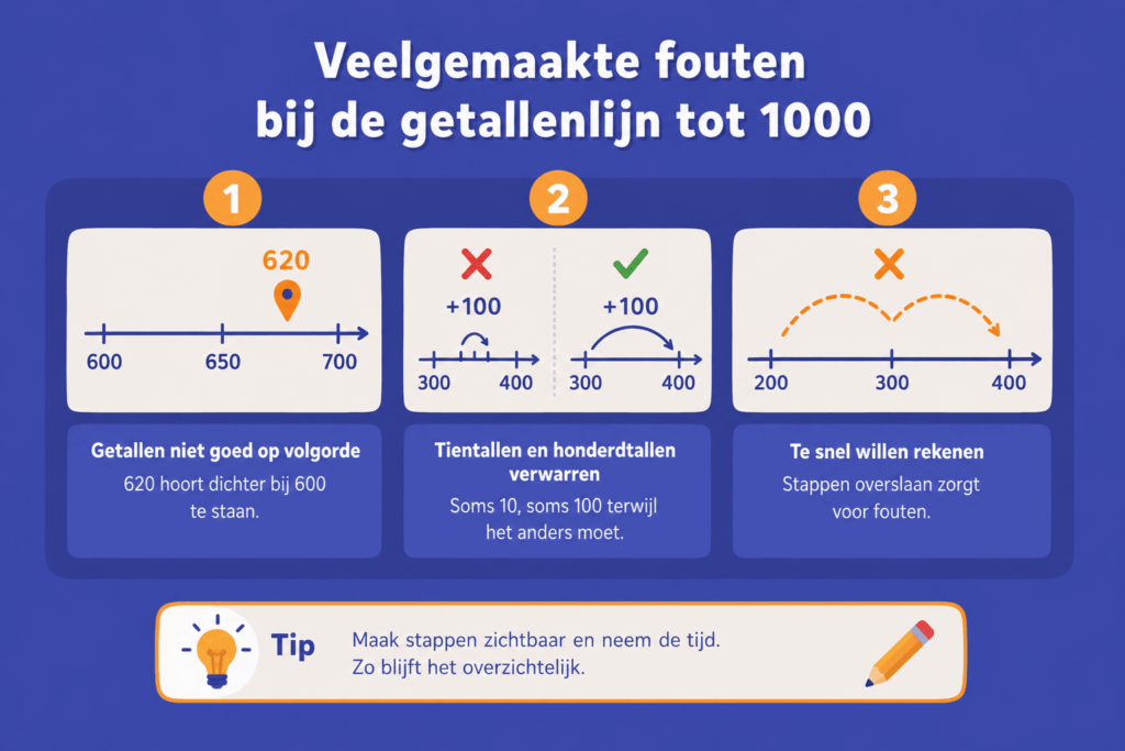 Educatieve infographic over veelgemaakte fouten bij de getallenlijn tot 1000, zoals getallen verkeerd plaatsen, tientallen en honderdtallen verwarren en stappen overslaan.