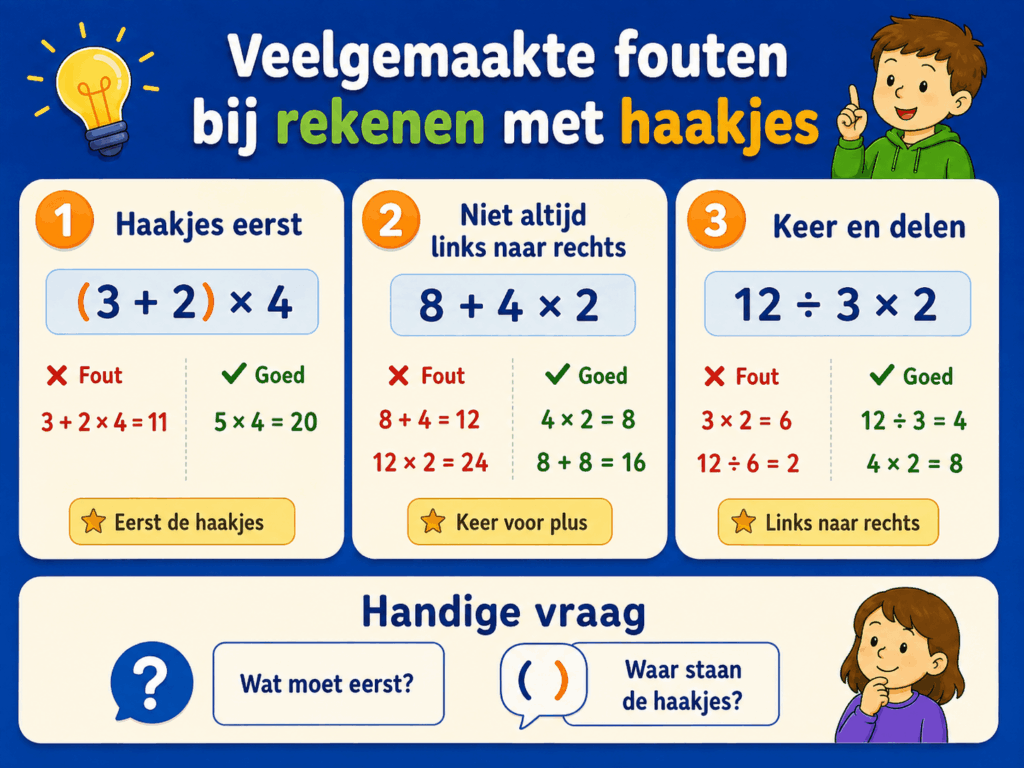Educatieve infographic voor kinderen over veelgemaakte fouten bij rekenen met haakjes. De afbeelding laat zien dat je eerst de haakjes uitrekent, niet altijd van links naar rechts rekent en dat vermenigvuldigen en delen dezelfde voorrang hebben.