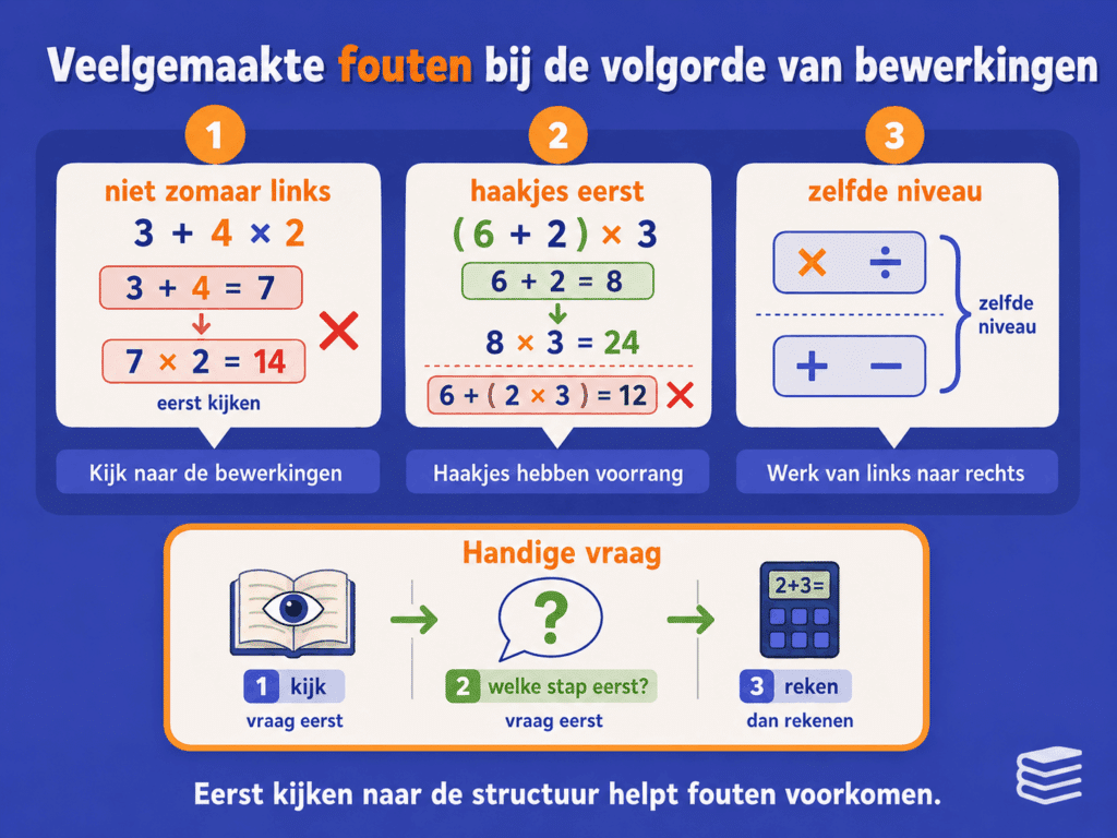 Educatieve infographic over veelgemaakte fouten bij de volgorde van bewerkingen. De afbeelding laat zien dat kinderen niet zomaar van links naar rechts moeten rekenen, dat haakjes voorrang hebben en dat vermenigvuldigen en delen op hetzelfde niveau staan, net als optellen en aftrekken.
