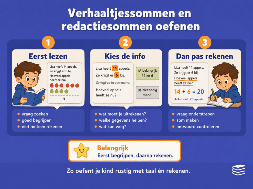 Infographic met drie stappen voor het oefenen van verhaaltjessommen en redactiesommen: eerst lezen, belangrijke informatie kiezen en daarna pas rekenen.
