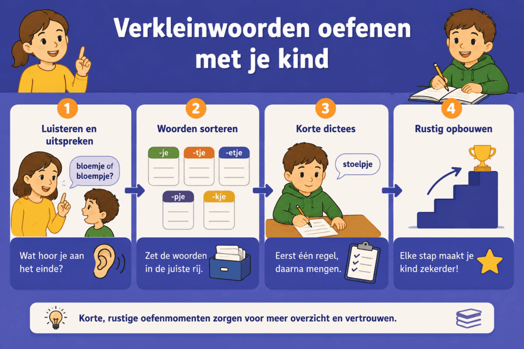 Educatieve infographic over verkleinwoorden oefenen met je kind. De afbeelding laat vier stappen zien: luisteren en uitspreken, woorden sorteren op uitgang, korte dictees maken en de moeilijkheid rustig opbouwen.