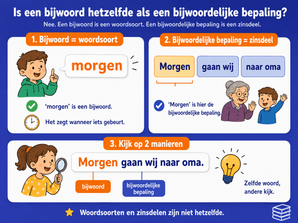 Infographic die het verschil uitlegt tussen een bijwoord en een bijwoordelijke bepaling met de voorbeeldzin ‘Morgen gaan wij naar oma’.