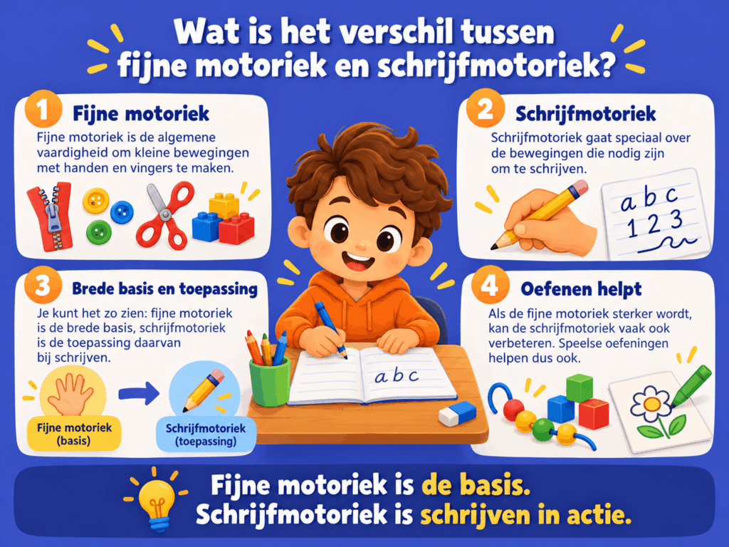 Educatieve afbeelding over het verschil tussen fijne motoriek en schrijfmotoriek. De illustratie laat zien dat fijne motoriek gaat over kleine hand- en vingerbewegingen en dat schrijfmotoriek specifiek nodig is voor schrijven, met voorbeelden van oefenen en schrijfvaardigheid.