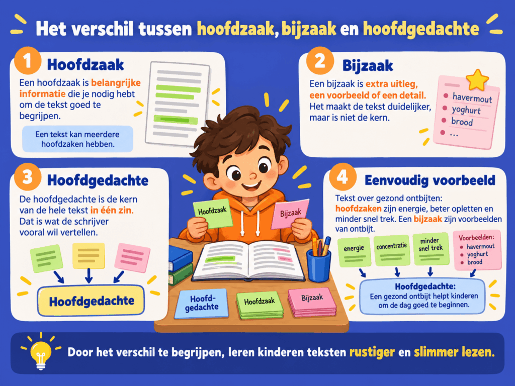 Educatieve afbeelding over het verschil tussen hoofdzaak, bijzaak en hoofdgedachte bij begrijpend lezen.