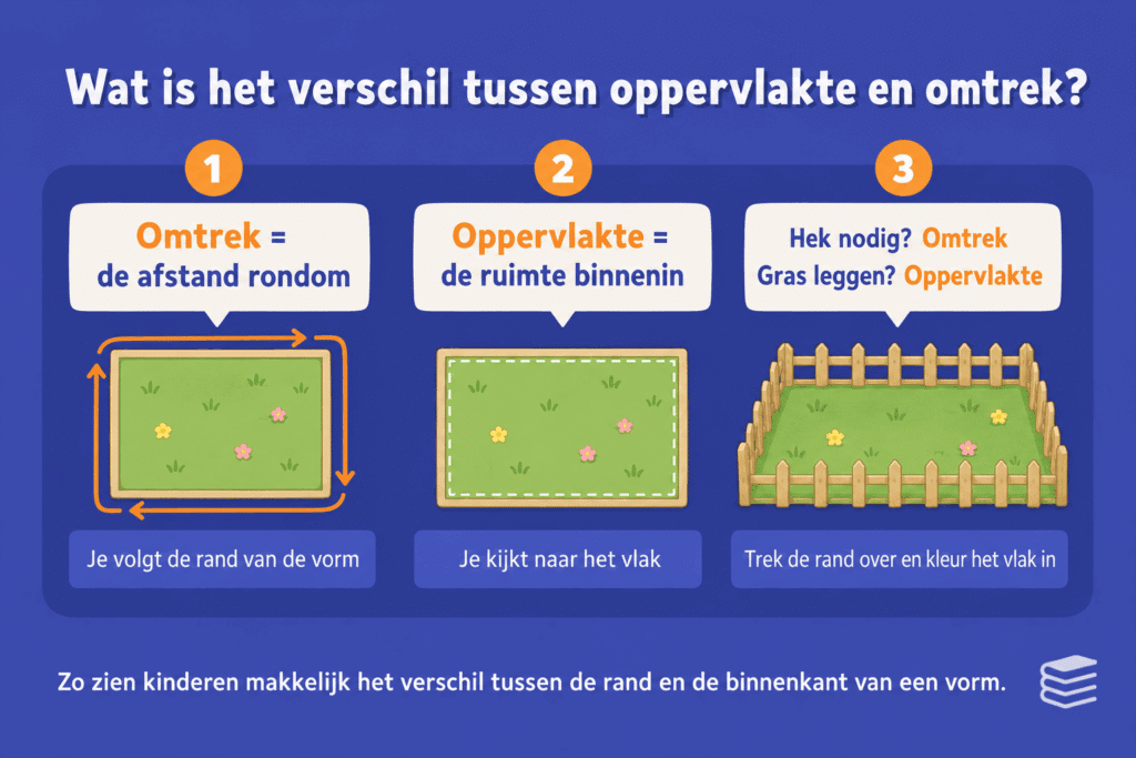 Infographic die het verschil tussen omtrek en oppervlakte uitlegt met een tuin, waarbij de rand staat voor omtrek en het ingekleurde vlak voor oppervlakte.
