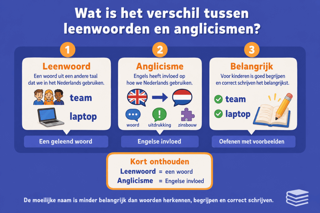 Educatieve infographic voor kinderen over het verschil tussen leenwoorden en anglicismen. Een leenwoord is een woord uit een andere taal, zoals team en laptop. Een anglicisme is Engelse invloed op Nederlandse woorden, uitdrukkingen of zinsbouw.