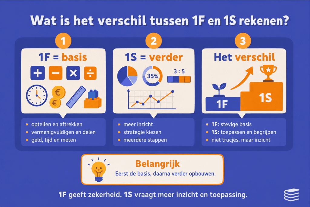 Infographic die het verschil uitlegt tussen 1F en 1S rekenen, met 1F als basisniveau en 1S als niveau met meer inzicht, strategie en toepassing.