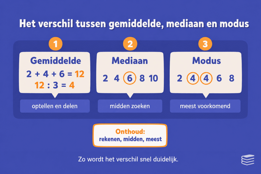 Educatieve infographic over het verschil tussen gemiddelde, mediaan en modus. De afbeelding laat zien dat je bij het gemiddelde optelt en deelt, bij de mediaan het middelste getal zoekt en bij de modus kijkt welk getal het vaakst voorkomt.