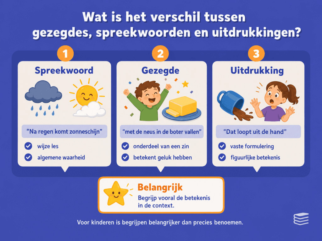 Infographic die het verschil uitlegt tussen een spreekwoord, gezegde en uitdrukking, met korte voorbeelden en de nadruk op betekenis begrijpen in de context.