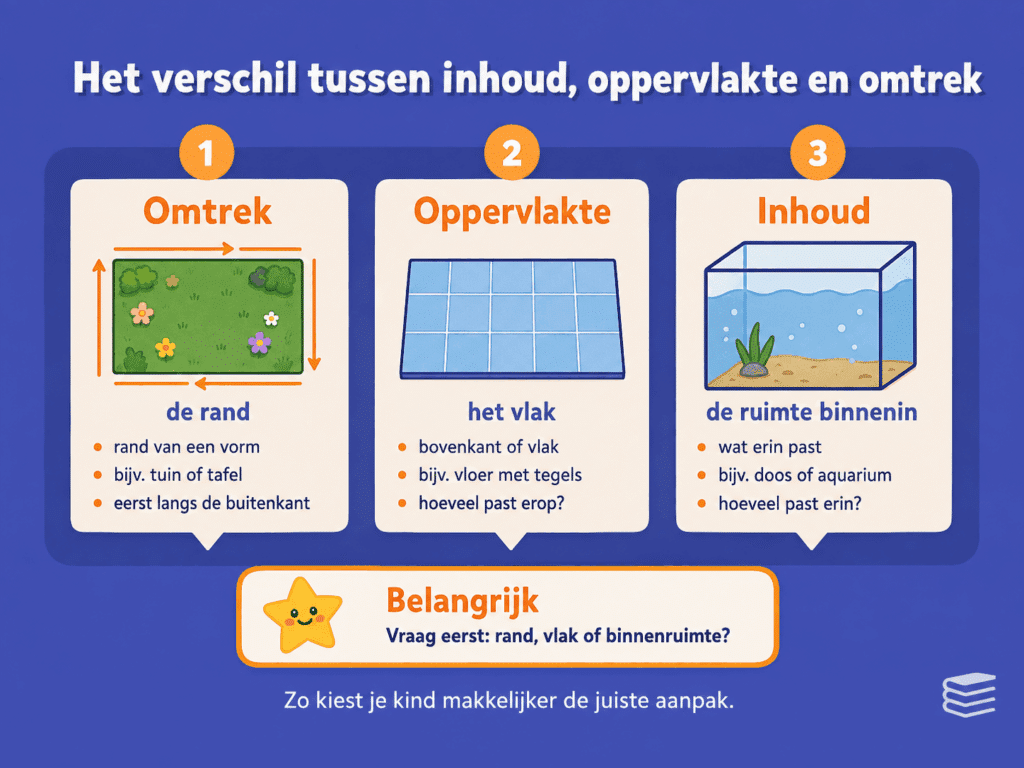 Infographic die het verschil uitlegt tussen omtrek, oppervlakte en inhoud met eenvoudige voorbeelden van rand, vlak en ruimte binnenin.