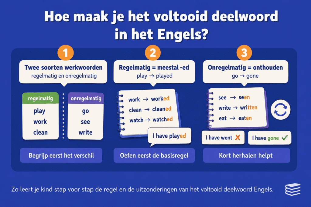 Infographic die uitlegt hoe je het voltooid deelwoord in het Engels maakt, met verschil tussen regelmatige werkwoorden op -ed en onregelmatige werkwoorden zoals go-gone en see-seen.