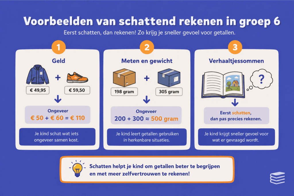 Infographic met voorbeelden van schattend rekenen in groep 6, zoals geld optellen, gewichten afronden en verhaaltjessommen eerst globaal inschatten.