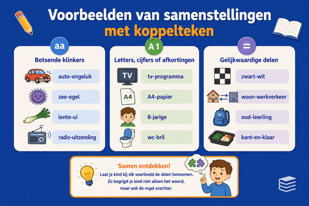 Educatieve infographic voor kinderen met voorbeelden van samenstellingen met een koppelteken. De afbeelding toont woorden met botsende klinkers, woorden met letters, cijfers en afkortingen en samenstellingen met gelijkwaardige delen, zoals auto ongeluk, A4 papier en zwart wit.