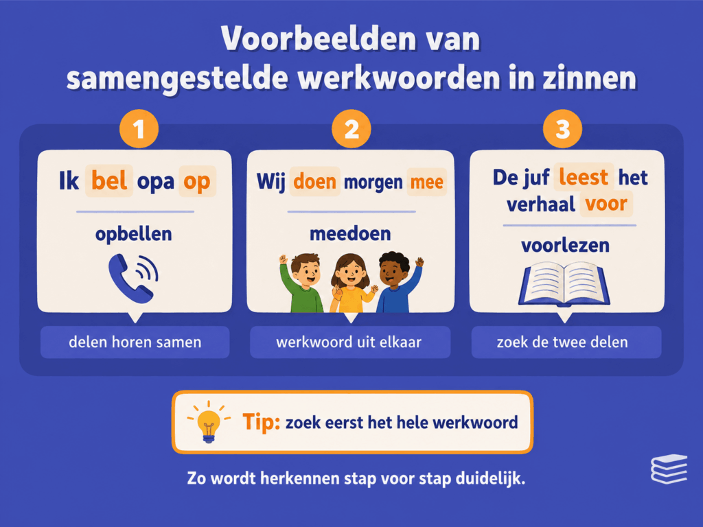Educatieve infographic met voorbeelden van samengestelde werkwoorden in zinnen. De afbeelding laat zien hoe werkwoorden zoals opbellen, meedoen en voorlezen in een zin uit elkaar kunnen staan en toch samen één werkwoord vormen.