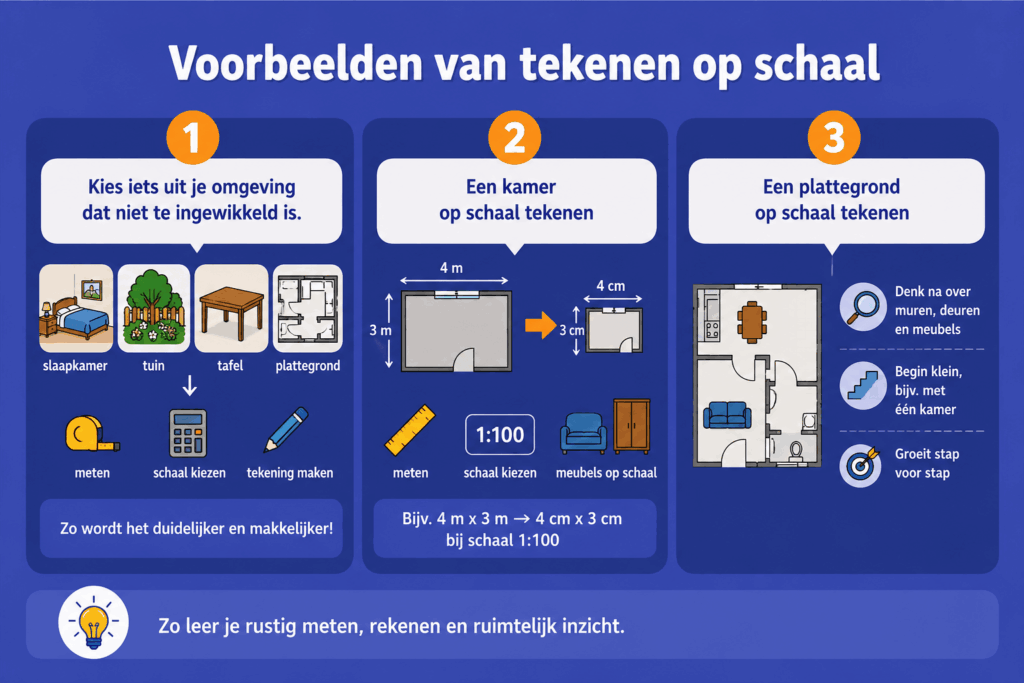 Infographic met eenvoudige voorbeelden van tekenen op schaal. De afbeelding laat zien hoe kinderen eerst een eenvoudig object kiezen, zoals een slaapkamer, tuin of plattegrond, vervolgens een kamer op schaal tekenen door maten om te rekenen en daarna een eenvoudige plattegrond maken.