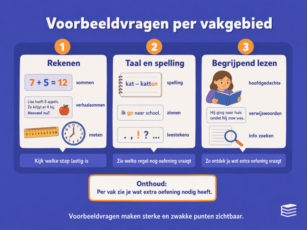 Educatieve infographic met voorbeeldvragen per vakgebied. De afbeelding laat voorbeelden zien voor rekenen, taal en spelling en begrijpend lezen en helpt zichtbaar maken bij welk onderdeel een kind extra oefening nodig heeft.