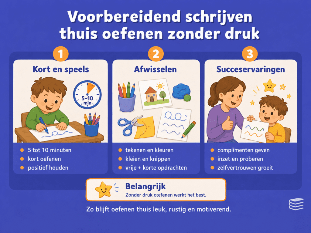 Infographic met tips om voorbereidend schrijven thuis kort, speels en zonder druk te oefenen.