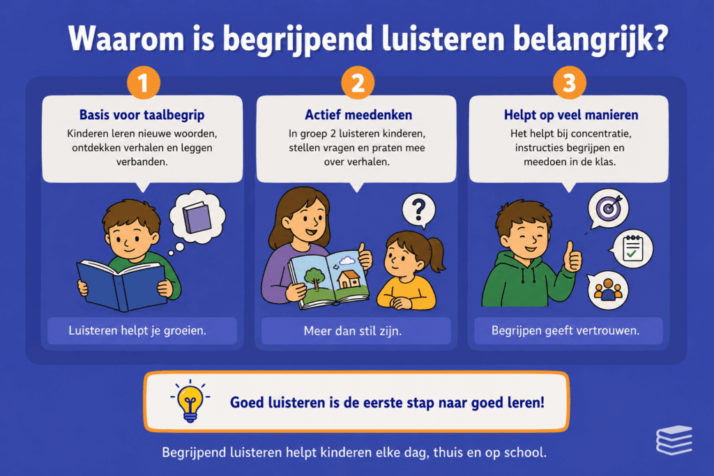 Infographic over waarom begrijpend luisteren belangrijk is voor kinderen, met aandacht voor taalbegrip, actief meedenken, concentratie en het begrijpen van instructies.