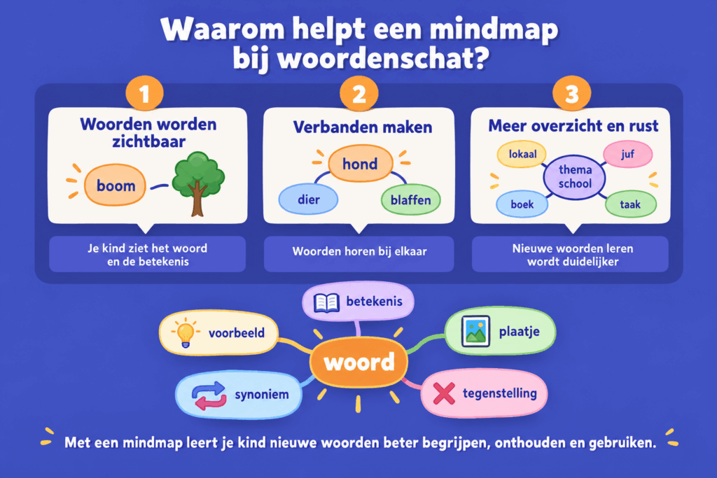 Educatieve afbeelding die uitlegt hoe een mindmap kinderen helpt bij het vergroten van hun woordenschat.