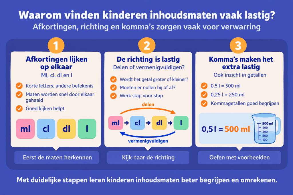 Infographic over waarom kinderen inhoudsmaten lastig vinden, met uitleg over ml, cl, dl en liter, de richting van omrekenen en voorbeelden met kommagetallen.