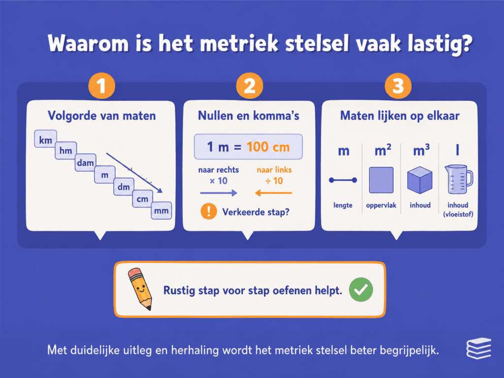Infographic die uitlegt waarom het metriek stelsel lastig kan zijn voor kinderen, met aandacht voor de volgorde van maten, nullen en komma’s en het verschil tussen meter, vierkante meter, kubieke meter en liter.