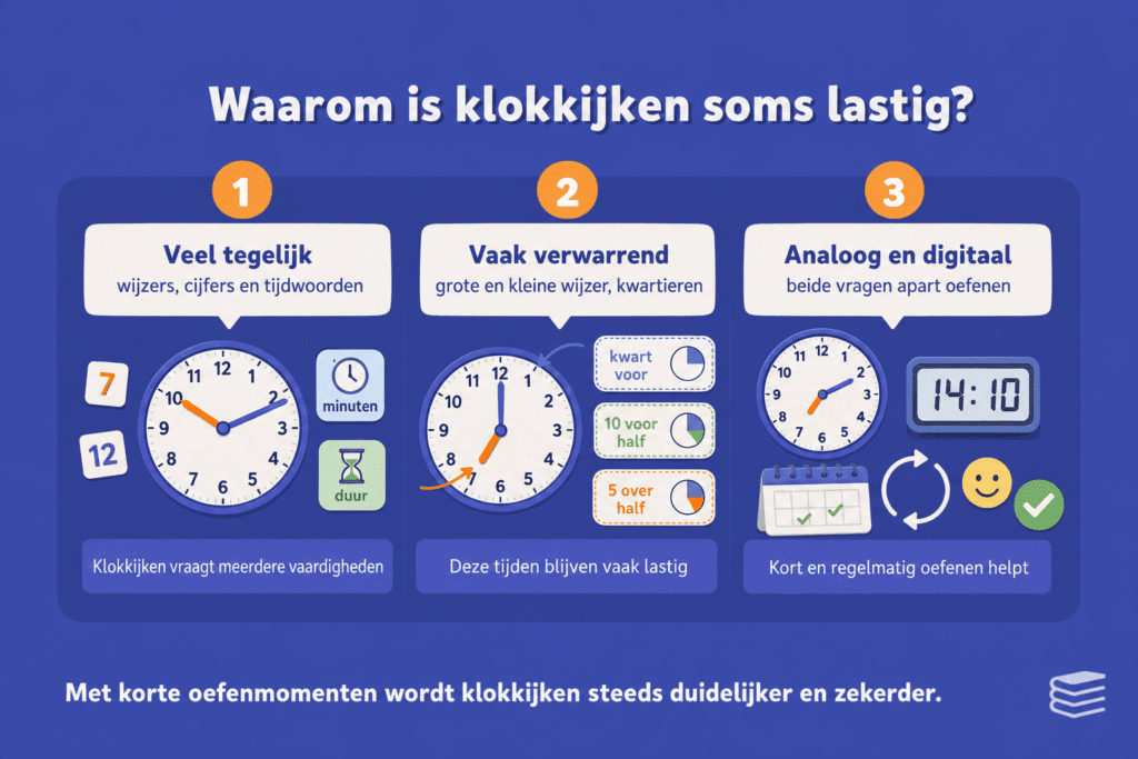 Infographic die laat zien waarom klokkijken lastig kan zijn, met uitleg over wijzers, kwartieren en het verschil tussen analoge en digitale klokken.