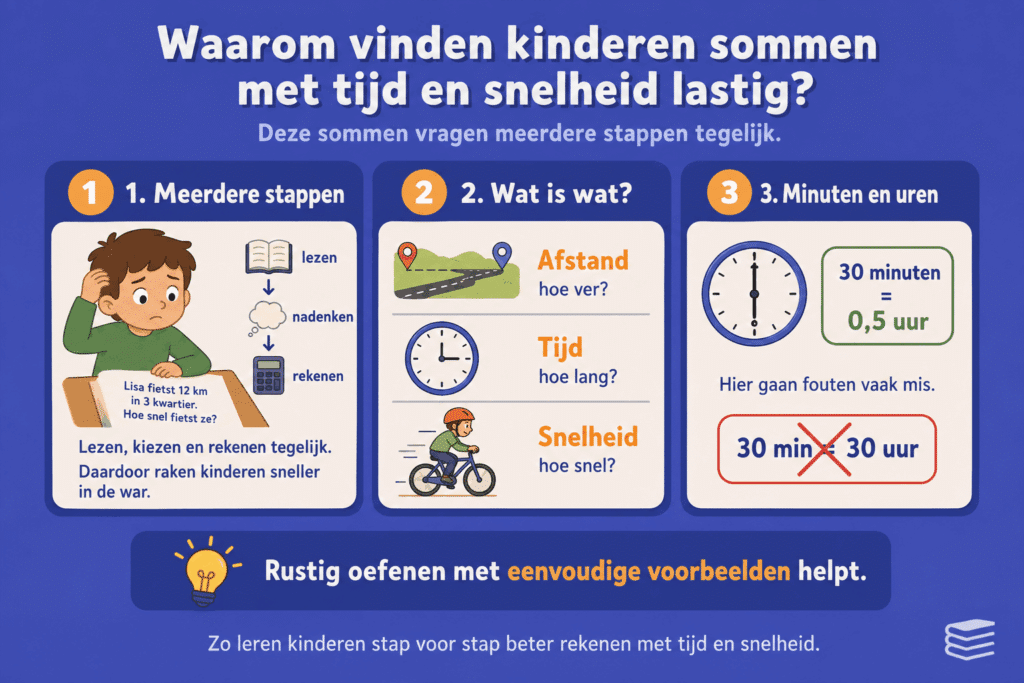 Infographic over waarom kinderen sommen met tijd en snelheid lastig vinden, met uitleg over meerdere rekenstappen, het verschil tussen afstand, tijd en snelheid, en fouten met minuten en uren.