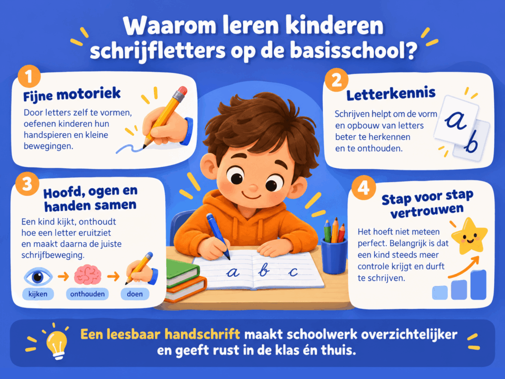 Educatieve afbeelding over waarom kinderen schrijfletters leren op de basisschool. De illustratie laat zien hoe schrijven helpt bij fijne motoriek, letterkennis, samenwerking tussen hoofd, ogen en handen en het ontwikkelen van schrijfvertrouwen.