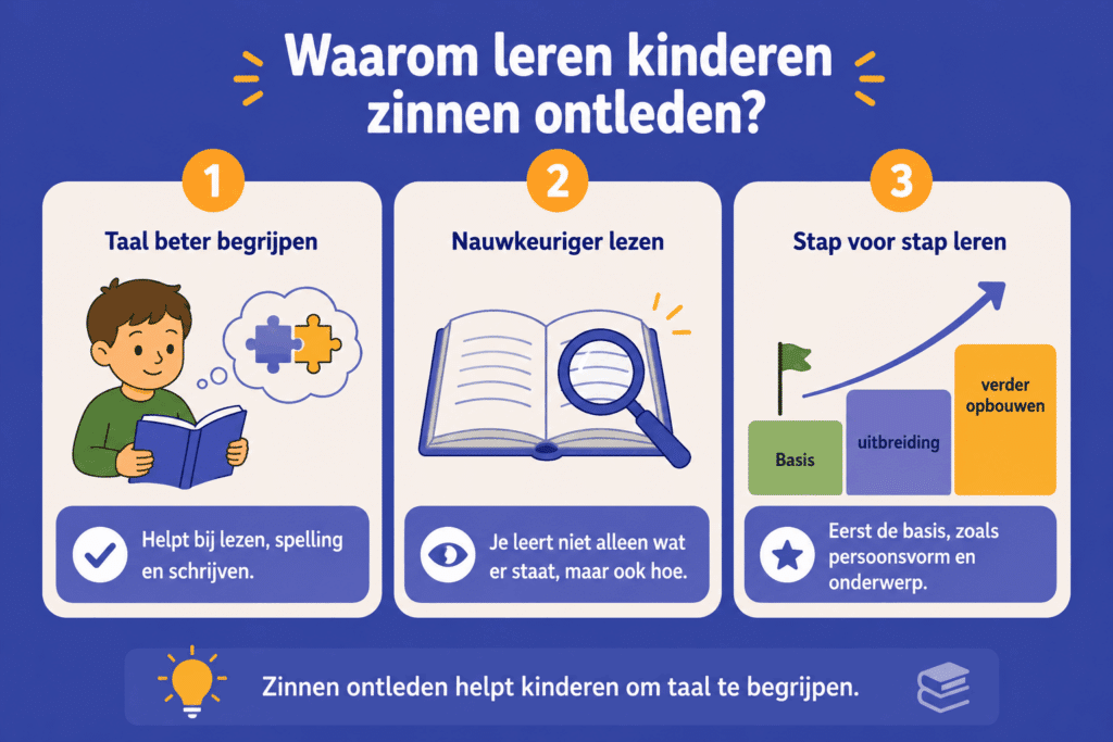 Infographic die uitlegt waarom kinderen zinnen ontleden leren, met aandacht voor taalbegrip, nauwkeuriger lezen en stap voor stap opbouwen van grammaticale kennis.