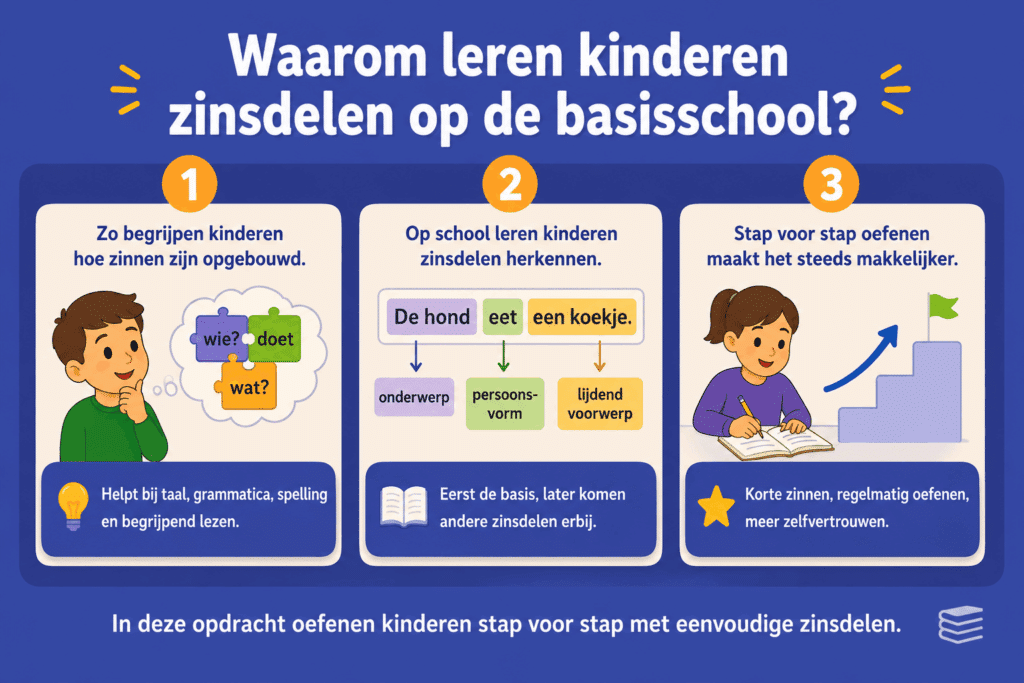 Infographic die laat zien waarom kinderen zinsdelen leren, met voorbeelden van zinsopbouw, ontleden en stap voor stap oefenen.