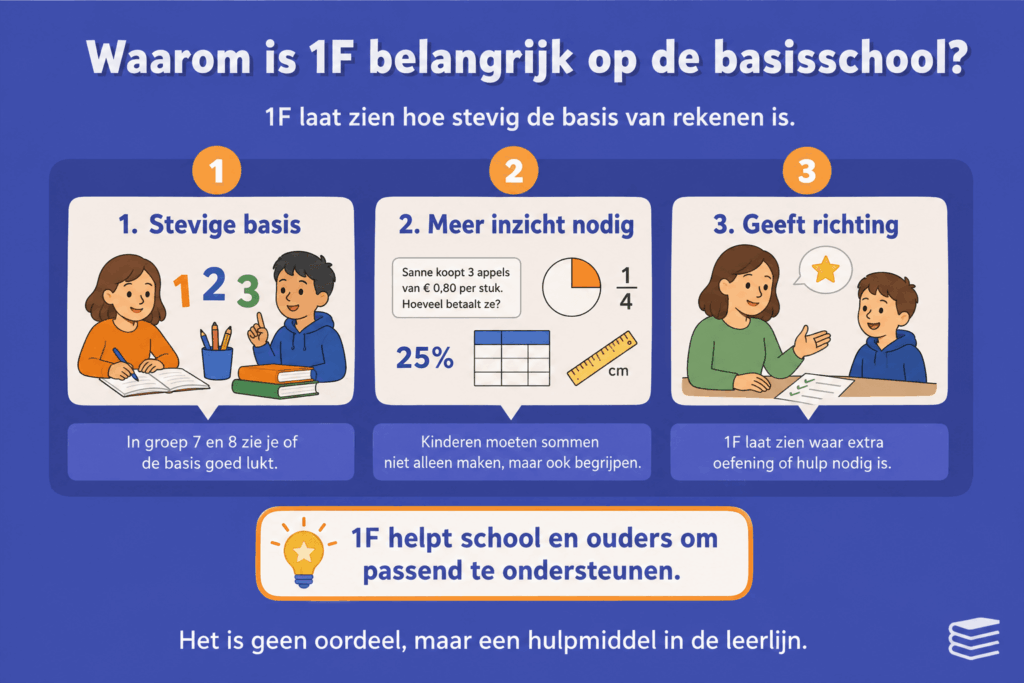 Infographic over waarom rekenniveau 1F belangrijk is op de basisschool, met aandacht voor basisvaardigheden, rekeninzicht en passende ondersteuning in groep 7 en 8.