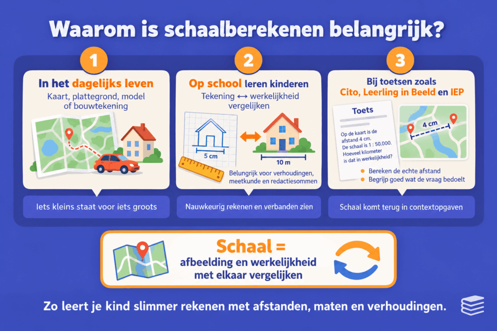 Infographic over waarom schaalberekenen belangrijk is voor kinderen, met voorbeelden van plattegronden, afstanden, verhoudingen en toetsopgaven.