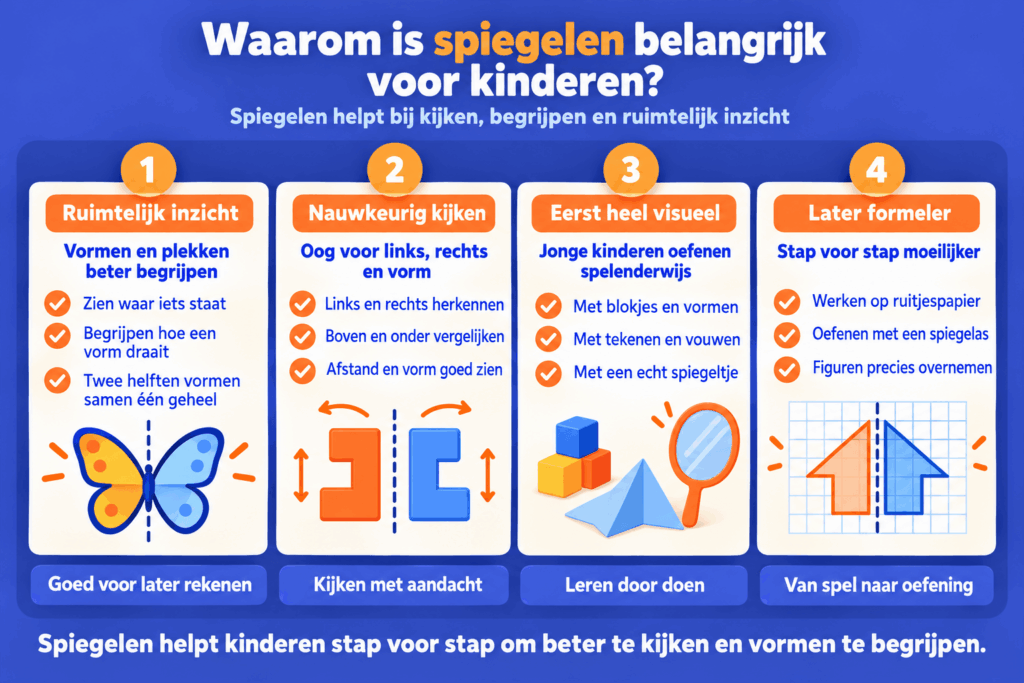 Infographic over waarom spiegelen belangrijk is voor kinderen, met voorbeelden van ruimtelijk inzicht, nauwkeurig kijken, spiegelen met vormen en oefenen met een spiegelas.