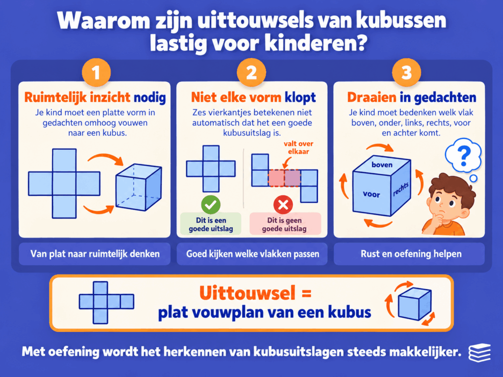Infographic over waarom uitvouwsels van kubussen lastig zijn voor kinderen, met voorbeelden van kubusuitslagen, ruimtelijk inzicht en het vouwen van platte vormen tot een kubus.