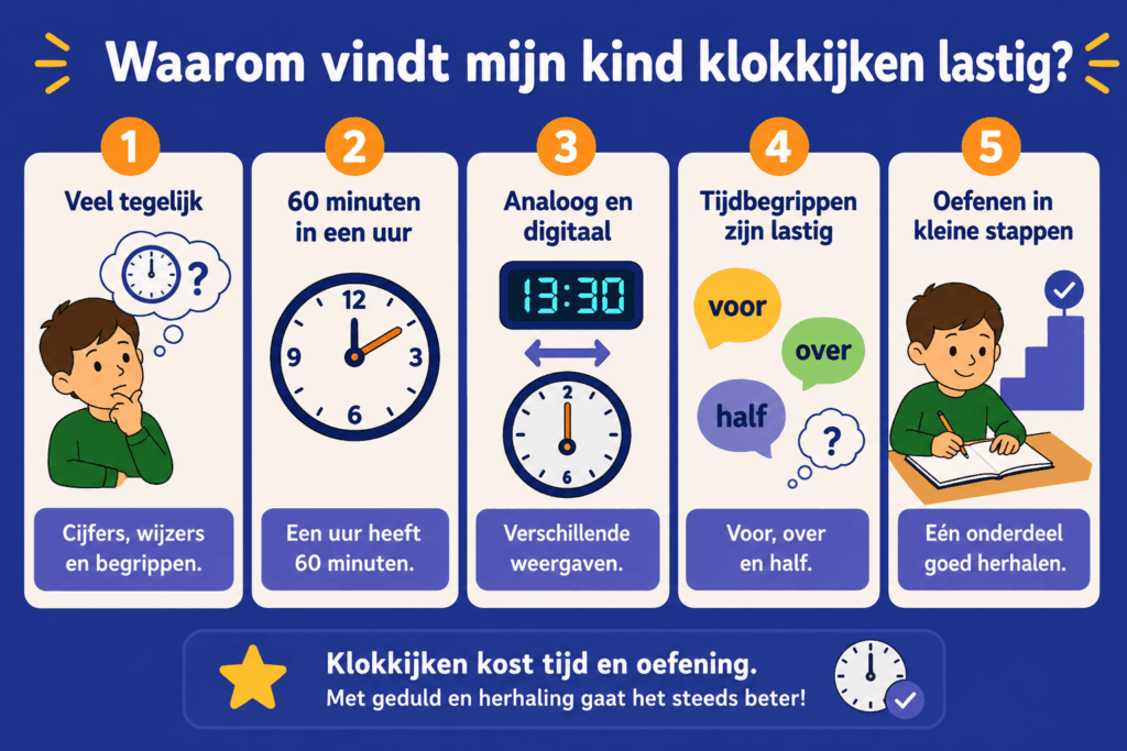 Infographic die uitlegt waarom klokkijken lastig kan zijn, met aandacht voor analoge en digitale klokken, tijdsbegrippen en oefenen in kleine stappen.