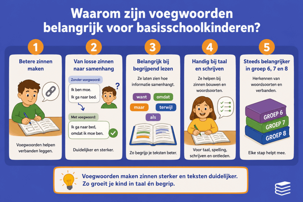 Infographic die uitlegt waarom voegwoorden belangrijk zijn voor basisschoolkinderen, met voorbeelden hoe voegwoorden zinnen verbinden en helpen bij taal, schrijven en begrijpend lezen.