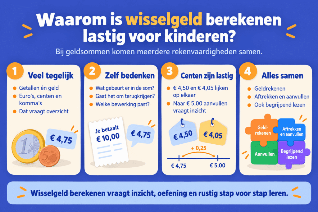 Infographic met vier redenen waarom wisselgeld berekenen lastig is voor kinderen, waaronder rekenen met euro's en centen, kommagetallen, aftrekken en begrijpend lezen.