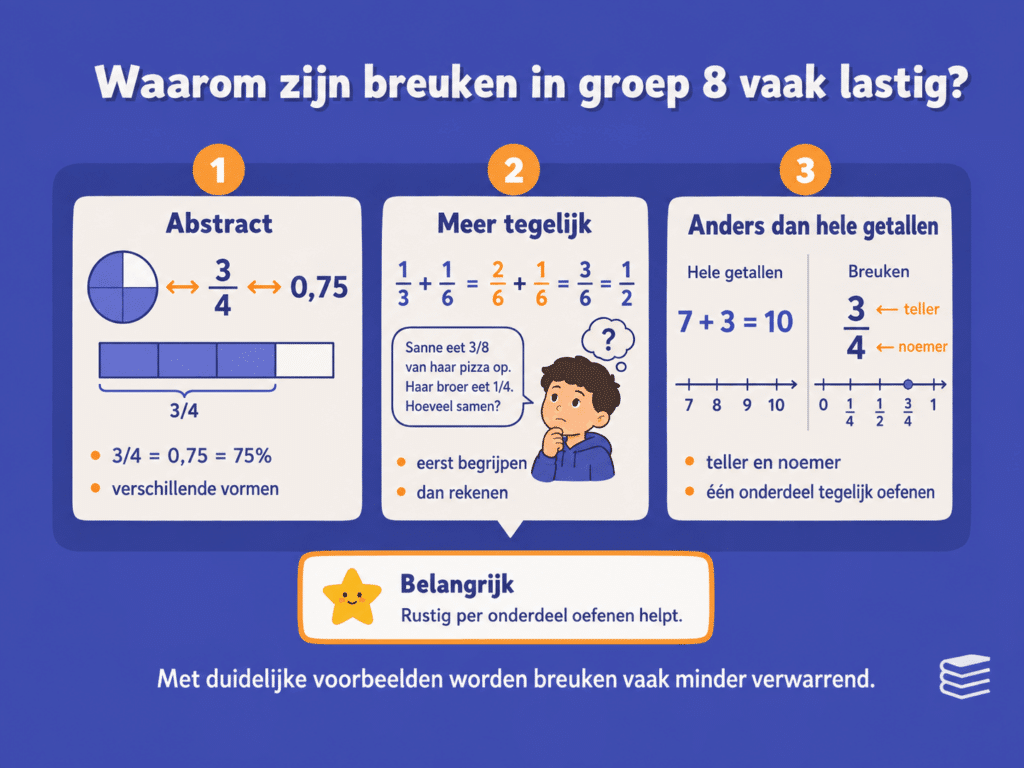 Infographic die uitlegt waarom breuken in groep 8 lastig kunnen zijn, met aandacht voor verschillende vormen, meerdere rekenstappen en teller en noemer.