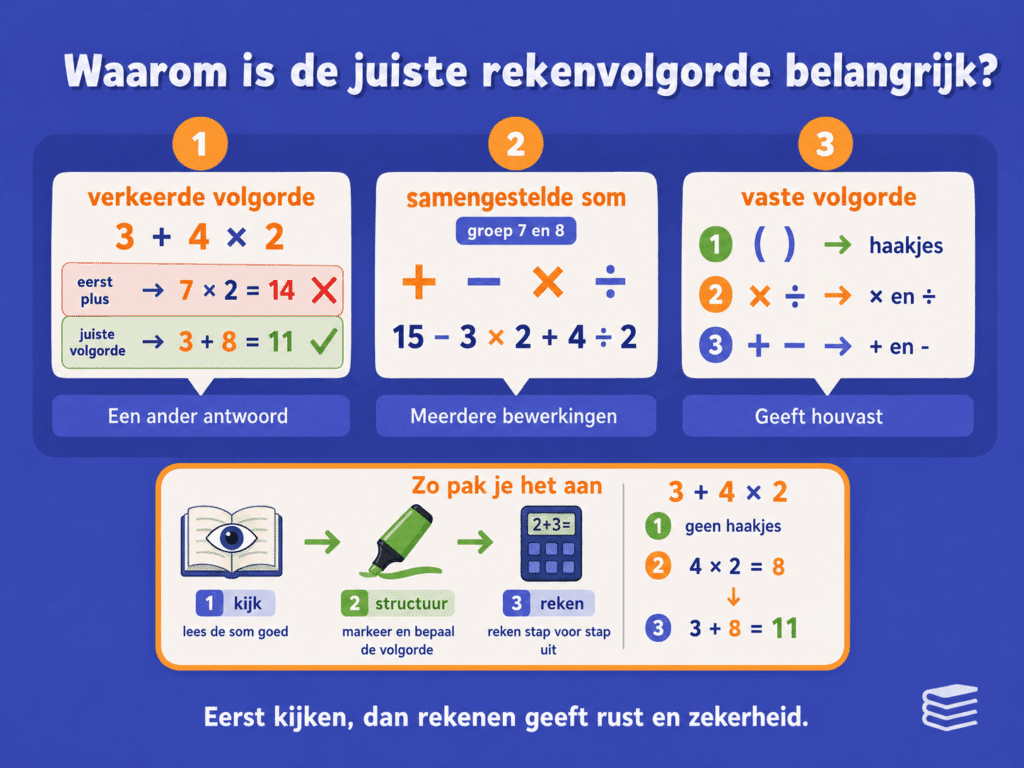 Educatieve infographic over waarom de juiste rekenvolgorde belangrijk is. De afbeelding laat zien dat een verkeerde volgorde tot een ander antwoord kan leiden en toont hoe kinderen samengestelde sommen stap voor stap kunnen aanpakken.