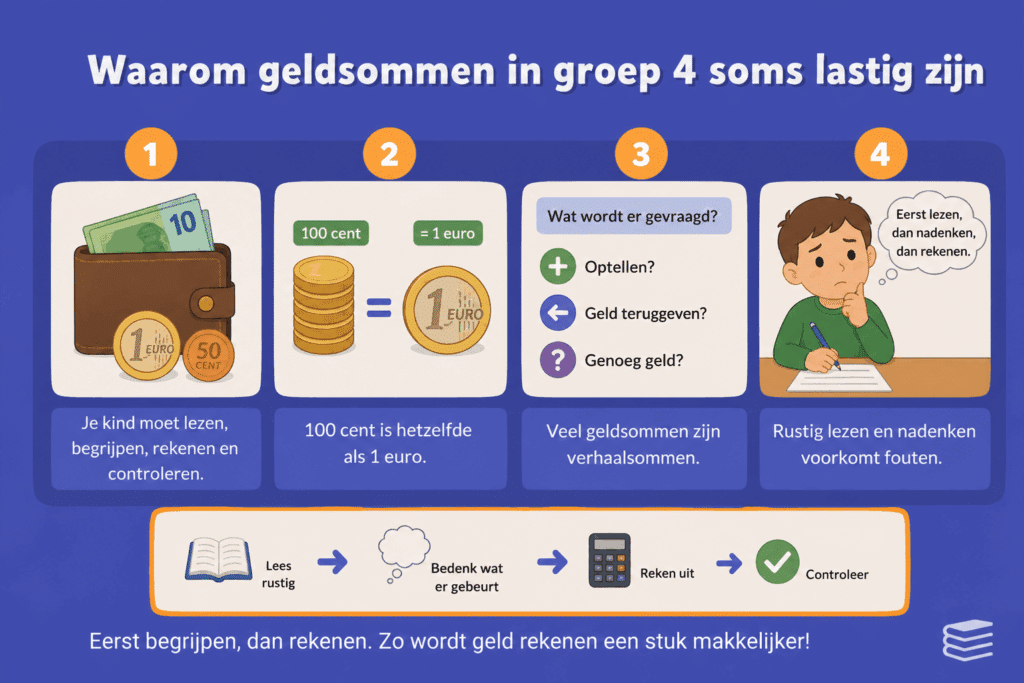 Educatieve infographic over waarom geldsommen in groep 4 soms lastig zijn. De afbeelding laat zien dat kinderen verschillende vaardigheden tegelijk gebruiken, euro’s en centen moeten begrijpen