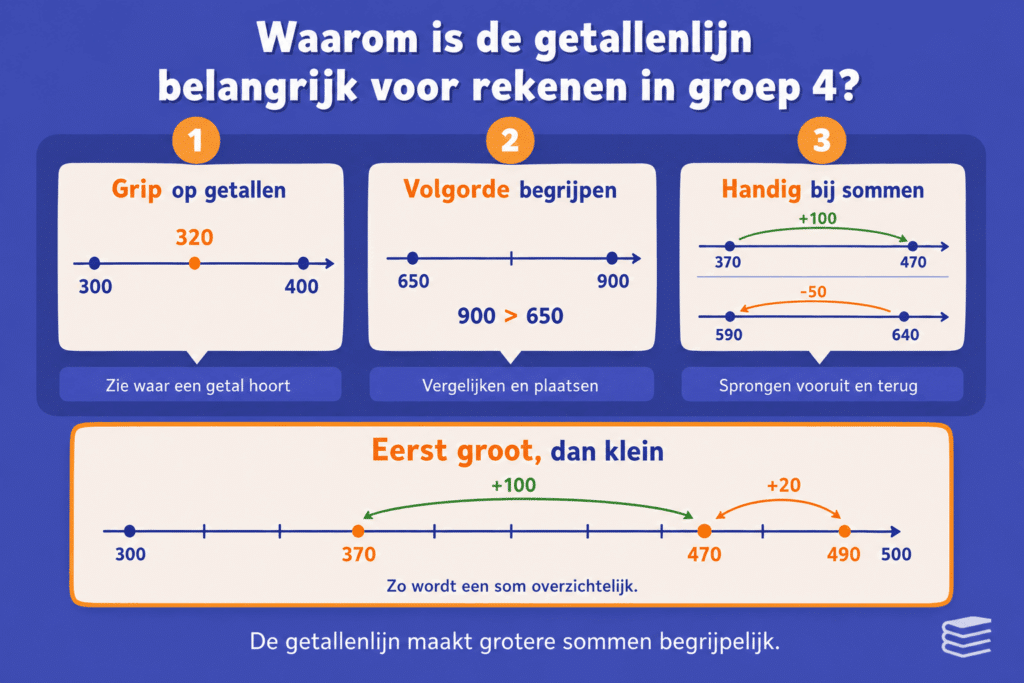 Educatieve infographic over waarom de getallenlijn belangrijk is voor rekenen in groep 4, met voorbeelden van getallen plaatsen, volgorde begrijpen en sommen oplossen met sprongen van 100 en 20.