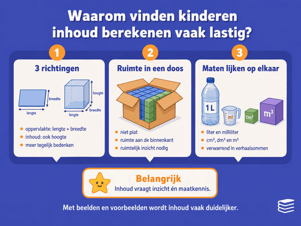 Infographic die uitlegt waarom inhoud berekenen lastig kan zijn door ruimtelijk inzicht en verschillende inhoudsmaten.