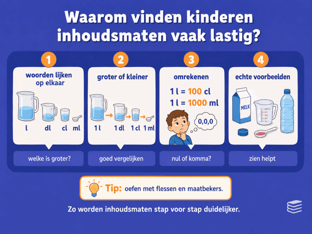 Educatieve infographic over waarom inhoudsmaten lastig kunnen zijn voor kinderen. De afbeelding laat zien dat liter, deciliter, centiliter en milliliter op elkaar lijken, dat omrekenen lastig kan zijn en dat oefenen met maatbekers en flessen helpt om de verschillen beter te begrijpen.