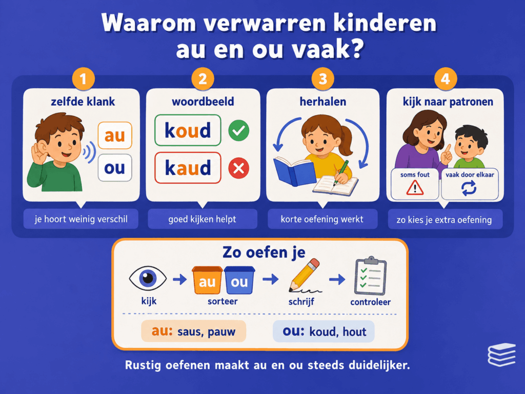 Educatieve infographic over waarom kinderen au en ou vaak verwarren. De afbeelding laat zien dat beide klanken hetzelfde kunnen klinken, dat het woordbeeld daarom belangrijk is en dat sorteren, schrijven en regelmatig herhalen helpt om de juiste spelling te onthouden.